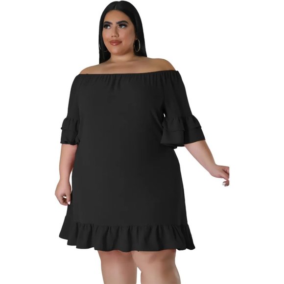 Women Fashion Plus Size Loose Off Shoulder Ruffled Dress - Picture 6 of 10